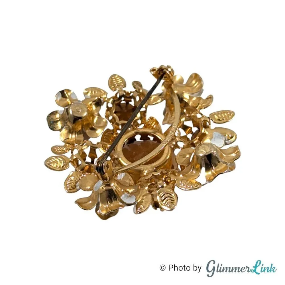 Vintage Austria Floral Yellow Enamel Orange Topaz Glass Crystal Gold Tone Brooch